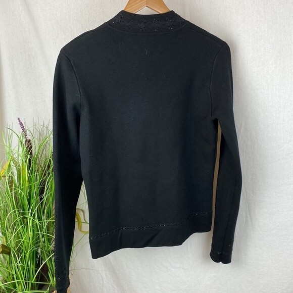 Cache Silk Blend Black Ribbed Embellished Knit Zip Up Cardigan Sweater M - Picture 2 of 7